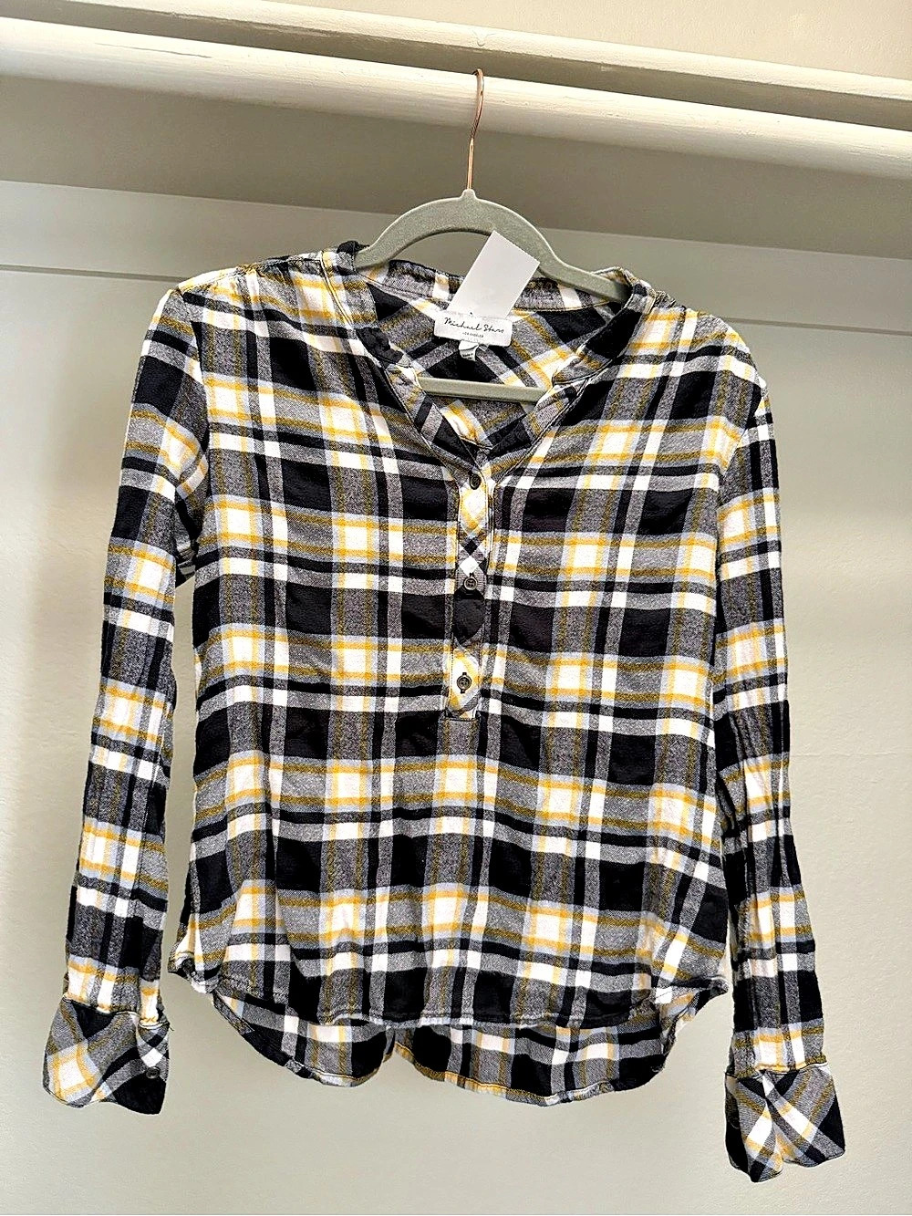 Michael Stars Woven Plaid Popover Shirt Black & Yellow Small